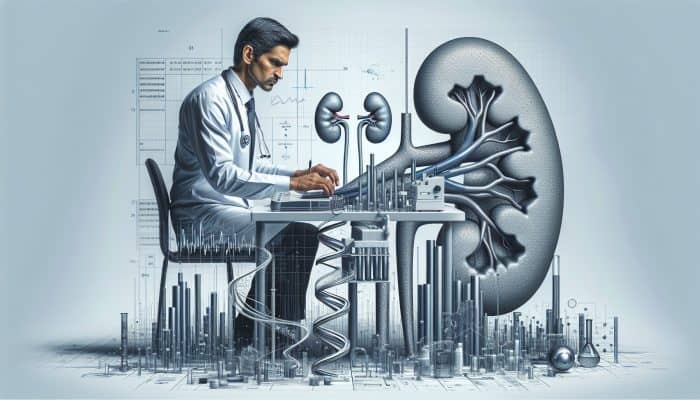 A focused medical professional in a modern UK lab analyses eGFR results on a digital screen with precise graphs and 3D kidney models.