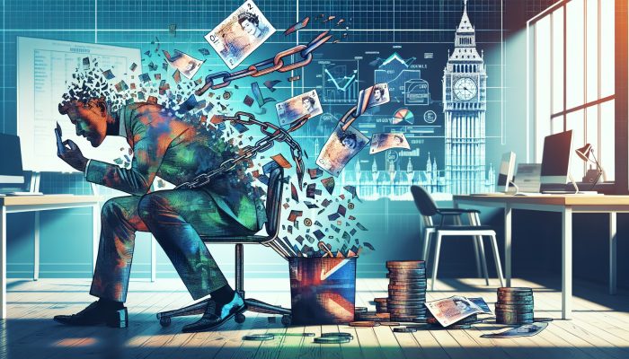 Relieved British person in a modern London office sorting pound notes and charts, with fading broken chains symbolising debt freedom through DMP.