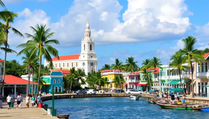 Vibrant view of Belize City featuring St. John's Cathedral, colourful colonial architecture, palm trees, and the Caribbean Sea, with locals and tourists along the waterfront.