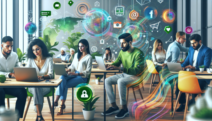 Small business owners in a modern Melksham co-working space using laptops for SEO and social media to drive e-commerce sales.