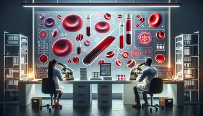 In a sterile lab, a scientist examines blood samples under a microscope, showing vibrant red blood cells with A+, B-, AB, and O- types and Rh factors.