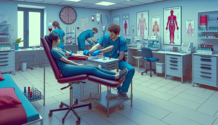 Illustration of a nurse in blue scrubs drawing blood from a patient's arm in a modern UK NHS clinic, complete with lab equipment and health posters.