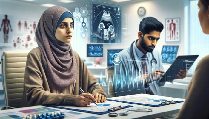 Pregnant woman in UK hospital undergoing a blood test for ectopic pregnancy, as a doctor reviews low hCG charts and ultrasound scans.