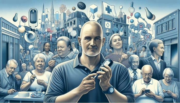 When Do Prediabetes Results Become Diabetes: Diverse overweight individuals in a bustling UK cityscape checking blood sugar with glucometers, surrounded by rising glucose symbols and family trees for prediabetes awareness.