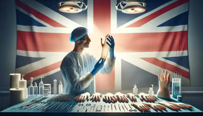 Which Gloves Are Best for Dentists and Dental Nurses: A British dentist in a modern clinic examines medical gloves on a sterile table, surrounded by tools and UK flags.