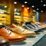 A row of men's dress shoes, showcasing Indonesian quality shoes in various styles and colours like brown and black, displayed on a glass shelf in a brightly lit shoe store. Shelves in the background hold more options, while a red "50% SALE" sign is partially visible.