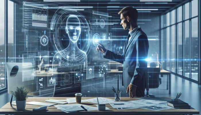 Professional in a modern office using a holographic virtual assistant for long-term planning, surrounded by digital calendars, charts, and blue lights.