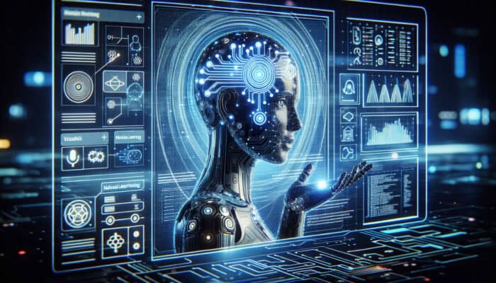 A futuristic holographic virtual assistant glows with machine learning circuits and natural language waves, engaging users in a sleek digital environment.