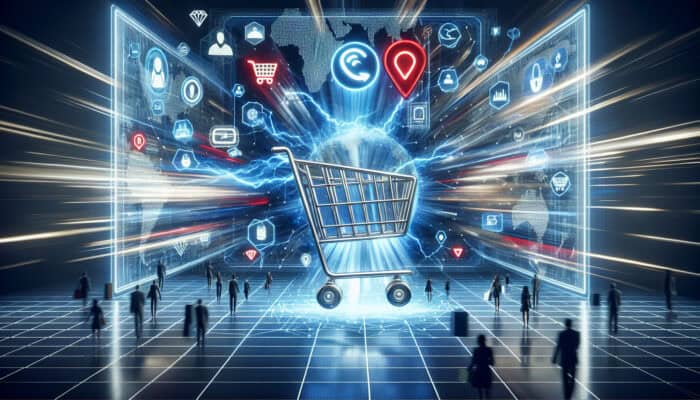 A shopping cart races through a sleek online checkout interface with instant-loading elements, smiling users, and speed bolts symbolizing efficient global shopping.