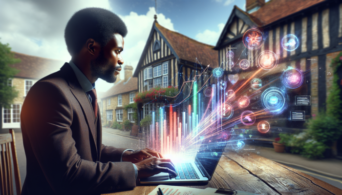 Focused entrepreneur in a UK village office analysing laptop dashboards with ROI graphs and icons for audience engagement and marketing strategies.