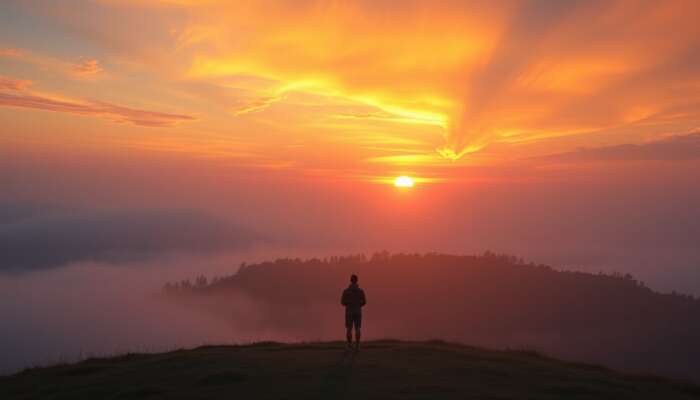 A person on a misty hill at dawn, gazing at a vibrant sunrise with golden rays, colorful skies, and gentle wildlife.