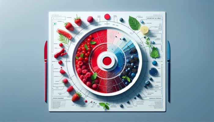 Elegant dish with red berries, blue sauces, and fresh greens on a white plate, illustrating colour psychology in a contemporary setting.