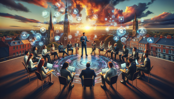 A diverse team of experts discussing social media strategies on laptops with the scenic backdrop of Shaftesbury's Gold Hill at sunset, surrounded by digital icons.