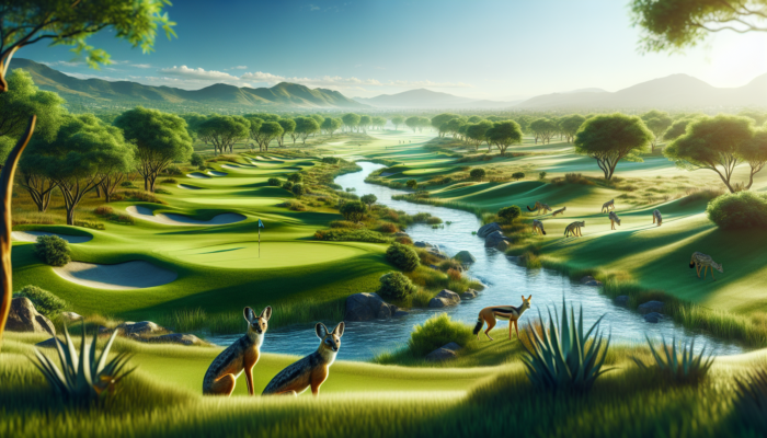 Aerial view of Jackal Creek Golf Club showcasing lush green fairways, a sparkling creek, majestic trees, roaming jackals, and a clear blue sky.