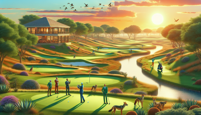 Vibrant golf course at Jackal Creek showcasing manicured greens, winding creek, distant jackals at sunset, players teeing off, and luxurious clubhouse.