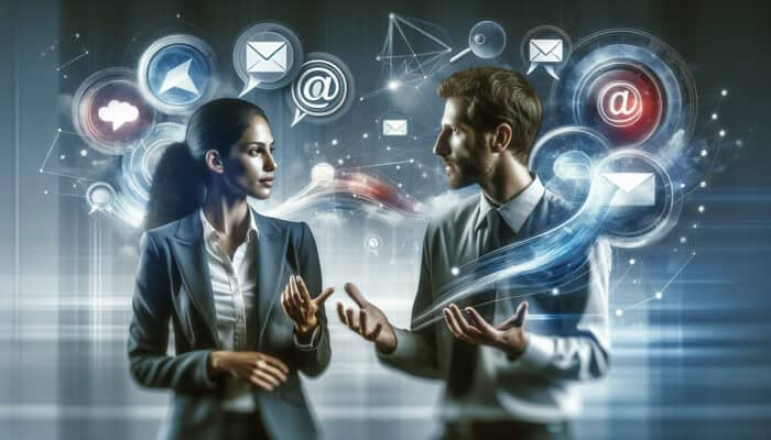 Two professionals in a modern office: one speaking passionately, the other nodding empathetically, with speech bubbles and email icons symbolizing trust and collaboration.