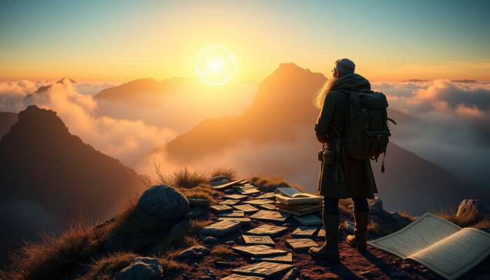 Wise explorer on a misty mountain path at dawn, illuminated by a glowing orb of insights, surrounded by ancient books and holographic maps, symbolising personal growth.