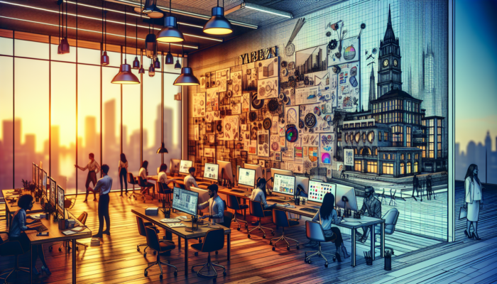 A design team in Yate collaborating in a modern studio with sleek computers, vibrant sketches, and innovative prototypes under warm lighting.