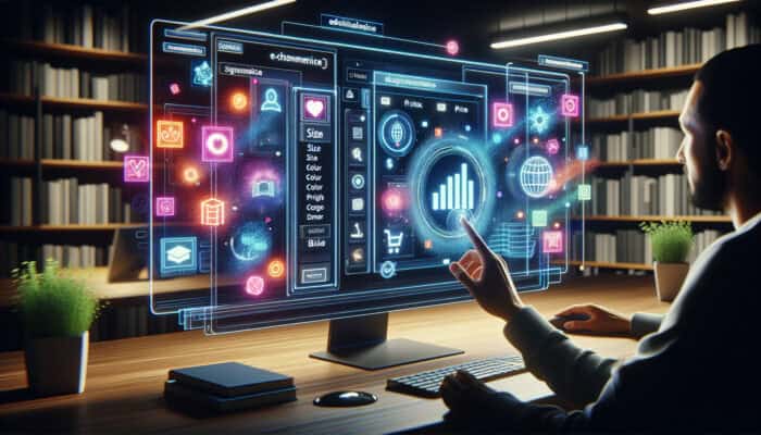 A user at a modern computer interface optimizes search features, with e-commerce filters for size, color, price, and educational database access.