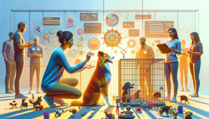 A behaviourist assesses a playful border collie with toys and obstacles in a bright adoption centre, while volunteers observe.