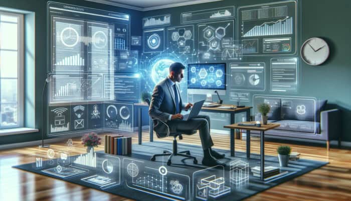 A focused virtual assistant in a modern home office analyses e-commerce data on screens with CRM, SEO, and analytics tools.