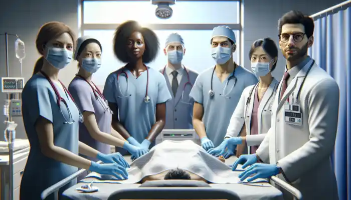 In a sterile Chippenham hospital ward, diverse healthcare professionals in blue nitrile gloves treat patients, with charts showing reduced infection risks.