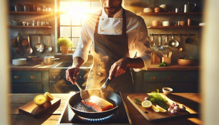 A skilled chef pan-fries a fresh salmon fillet in a sizzling cast-iron pan in a sunlit kitchen, with herbs, lemon wedges, and rising steam.