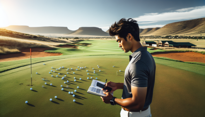A golfer in Bloemfontein analyses data on a smartphone app while practicing drills on a sunny fairway, holding a notebook amid greens and hills.