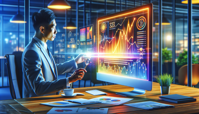 A small business owner in a Kingswood office analyses colorful Google Analytics graphs showing SEO traffic, rankings, and conversions.