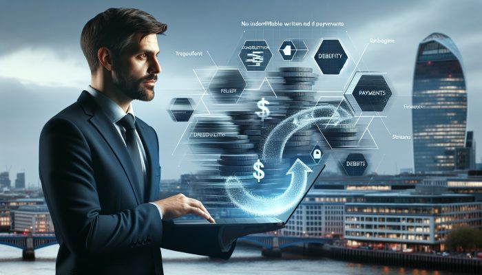 Confident gig worker in UK cityscape reviews debt consolidation chart on laptop, showing synchronized payments and financial relief.