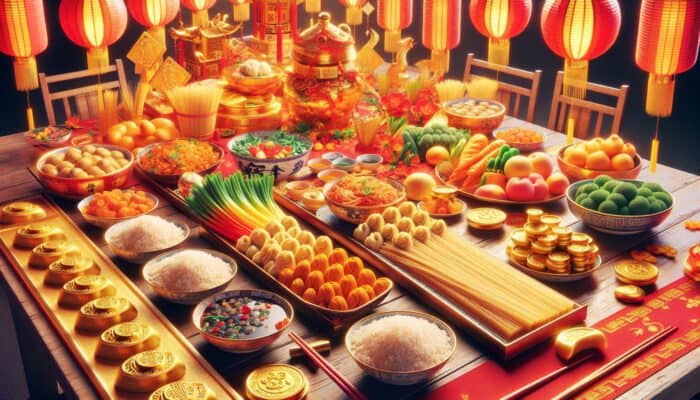 How to Make a Lunar New Year Feast: A festive Lunar New Year table with long noodles, golden dumplings, rice, colorful vegetables, and red lanterns.