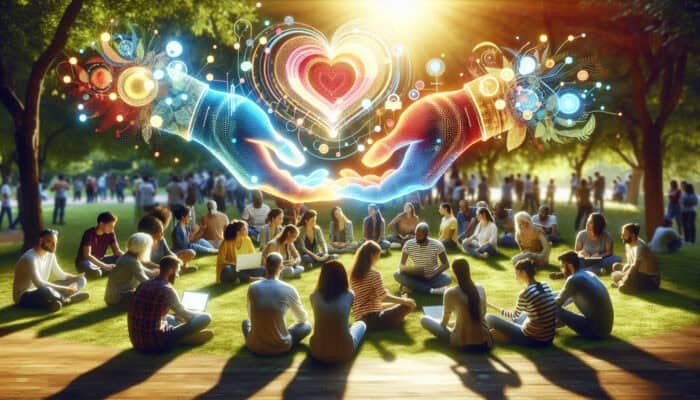 People in a sunlit park collaborating on projects, sharing ideas, and forming bonds, symbolized by intertwined hands and glowing hearts.
