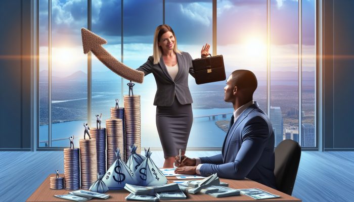 Rebuilding Your Credit After Debt Consolidation | DCL Financial advisor confidently explains rising credit score graph to relieved client in modern office, surrounded by debt symbols.