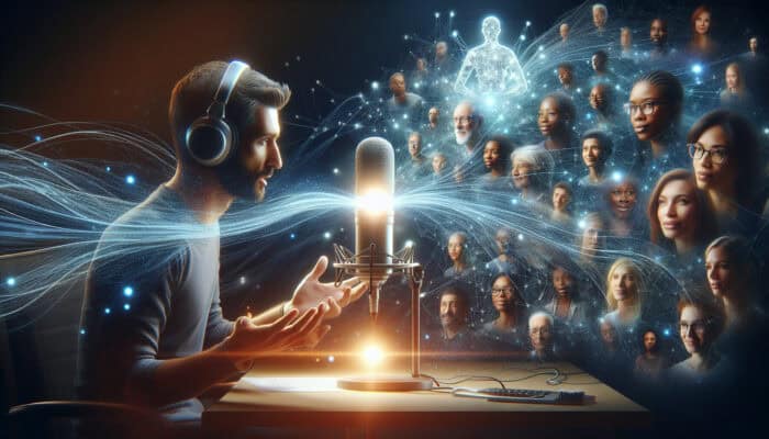 Diverse host speaking into a glowing microphone, surrounded by ethereal threads linking to global listeners' faces on screens, symbolising emotional connections.