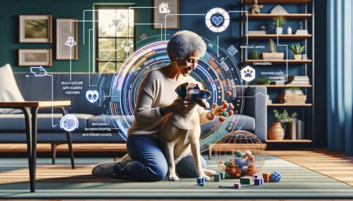 A happy dog plays with interactive toys in a warm living room, receiving affection and positive reinforcement from its owner.