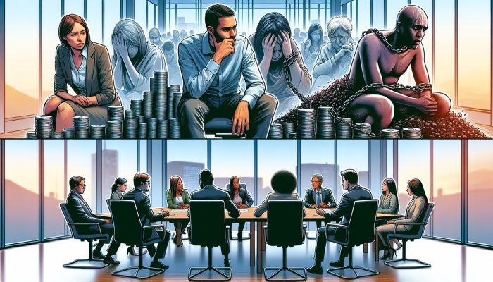 Diverse experts in a modern conference room discuss debt's emotional toll, showing stressed individuals with bills and chains, contrasted by coping through meditation and therapy.