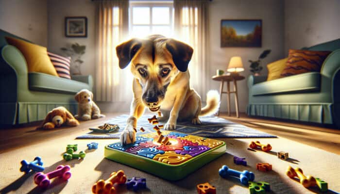 Playful dog eagerly solving a colorful puzzle toy in a sunlit living room, treats spilling out with focused eyes and wagging tail.