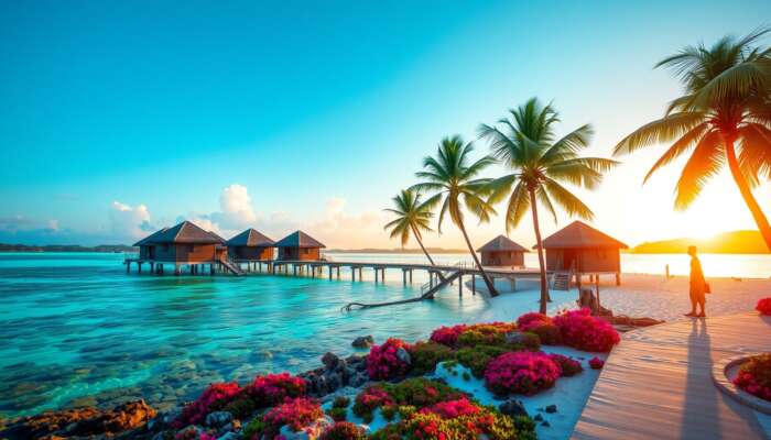 Luxurious Belize resort on a white-sand beach with overwater bungalows, turquoise waters, palm trees, coral reefs, and golden sunset.