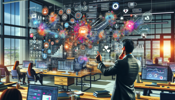 A focused business owner in a bustling Westbury office analyzes Hootsuite and Buffer dashboards showing rising likes, shares, and comments.