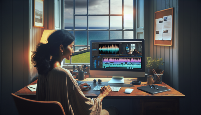 A small business owner in a coastal office in Swanage edits video using DaVinci Resolve, with scenic seaside views and local music waveforms.