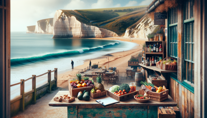 Charming café in Swanage, UK, overlooking dramatic cliffs and turquoise waves; inside, fresh local ingredients beautifully presented.