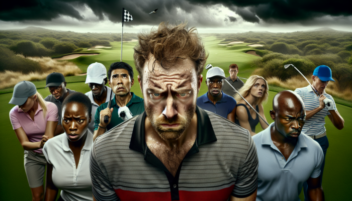 A tense golfer on a lush South African course, surrounded by rivals and a judgmental crowd, sweating with anxiety under a stormy sky as he prepares his swing.