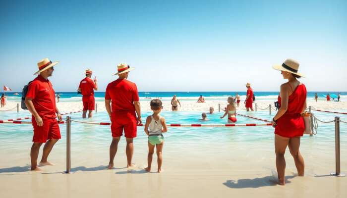 Beach scene with lifeguards in red uniforms observing swimmers in designated areas, families wearing hats and sunglasses under the bright sun.