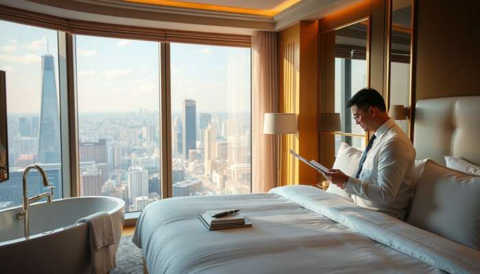 A hotel inspector scrutinises crisp linens and gleaming fixtures in a luxurious five-star suite, holding a checklist with a city view in golden light.