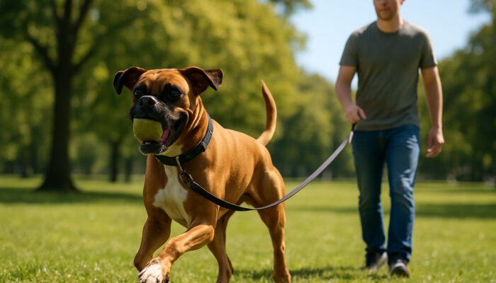 Energetic Boxer dog playing fetch in sunny park, wearing a secure collar and leash, with attentive owner supervising.