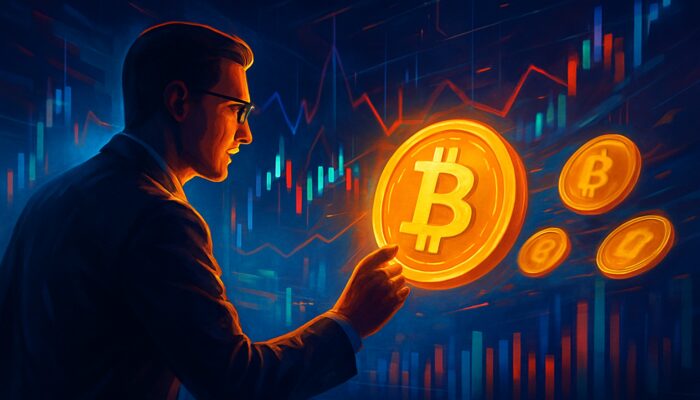 Trader executing Bitcoin market order at $30,000 with fluctuating charts and glowing screens.