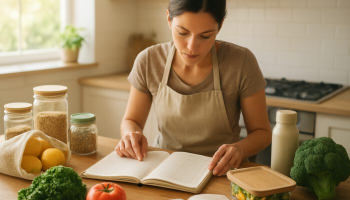 Focused cook in a sunlit kitchen reviews meal planner with fresh produce and reusable containers for zero-waste living.