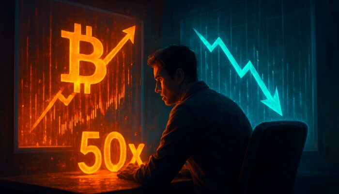 High-stakes crypto trader in a dimly lit room, amplifying Bitcoin trades with 50x leverage on exploding holographic charts.
