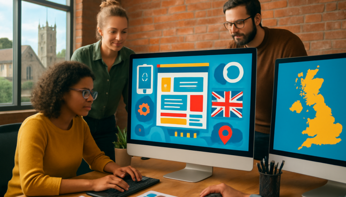 Dynamic Bridport office where designers are crafting SEO-optimised WordPress websites featuring iconic UK landmarks.