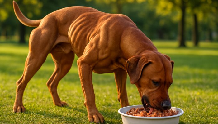 Muscular dog devouring a high-protein meal in a sunlit park after exercise.